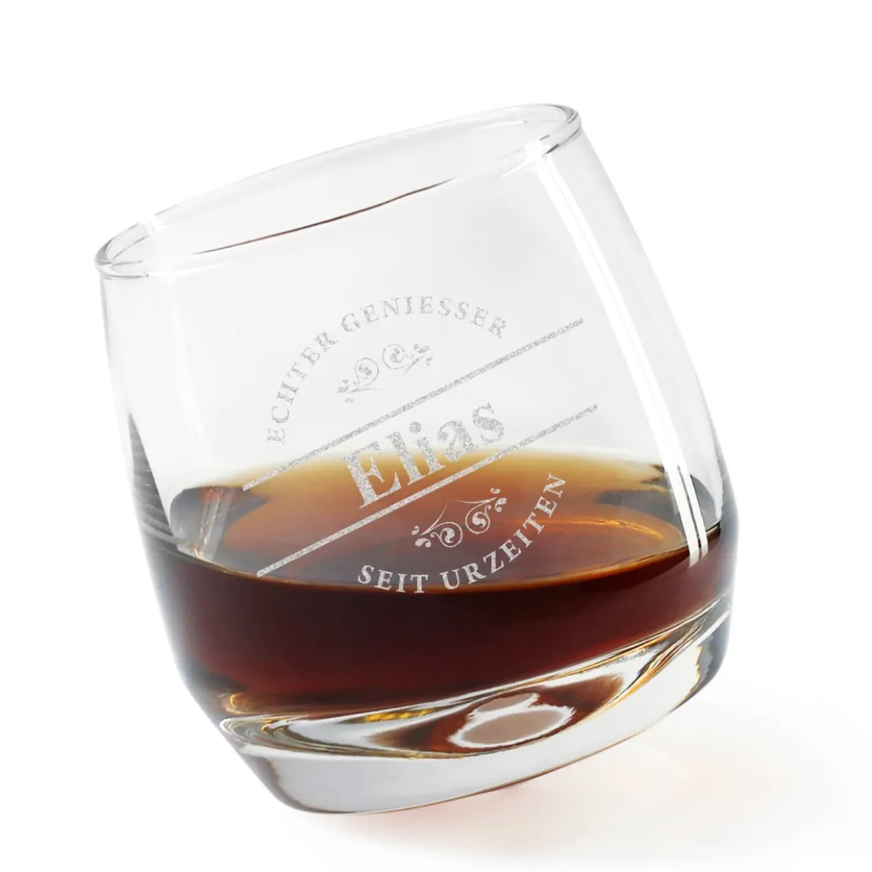 Echt schräges Whiskyglas für echte Geniesser mit Wunschname graviert