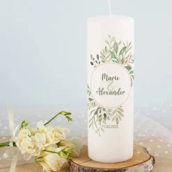 Echtwachskerze zur Hochzeit mit Blättern, Namen und Datum