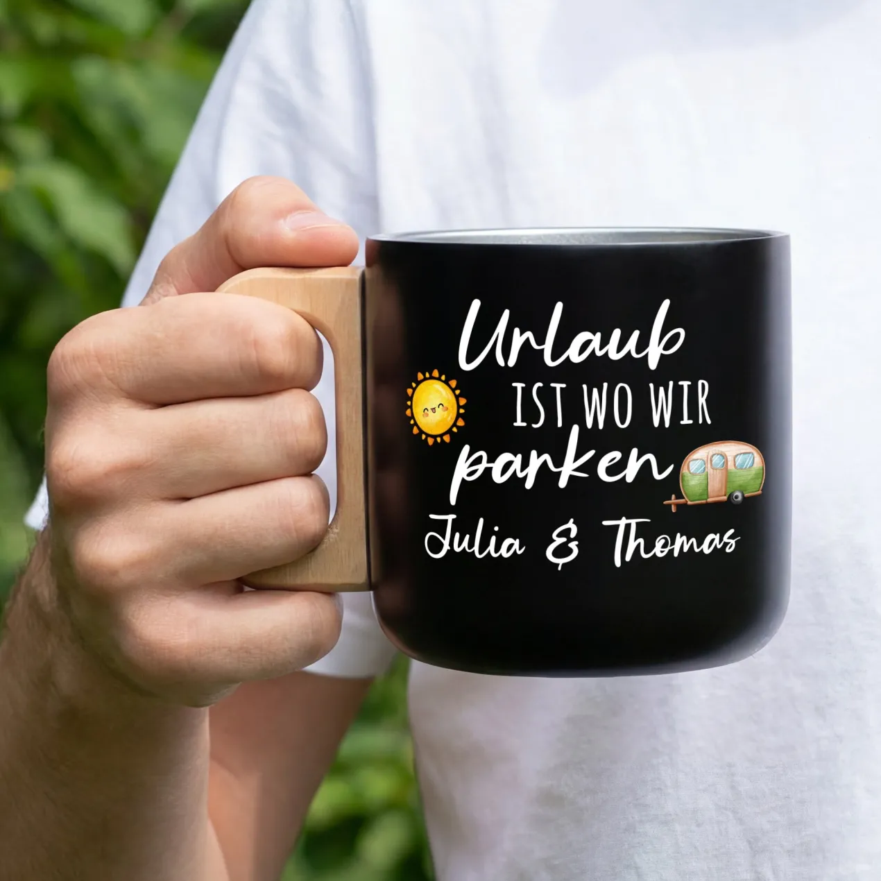 Edelstahl Becher mit Holzgriff für Camping & Outdoor personalisiert mit Name und Spruch | 400 ml Tasse