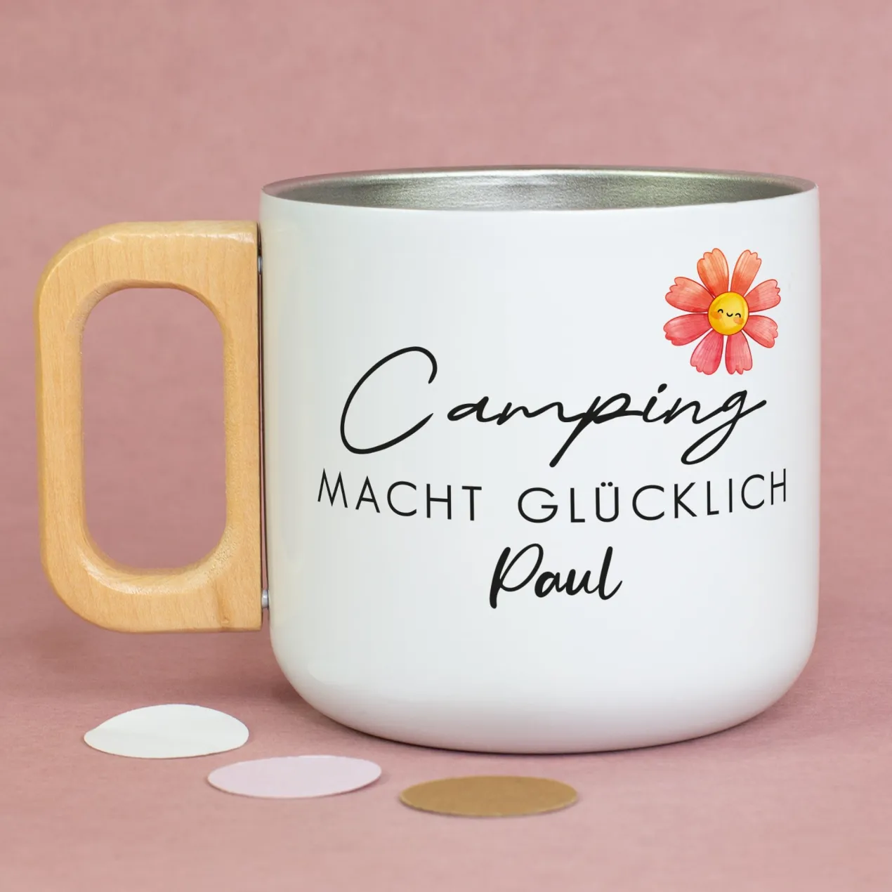 Edelstahl Becher mit Holzgriff für Camping & Outdoor personalisiert mit Name und Spruch | 400 ml Tasse