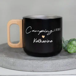 Edelstahl Becher mit Holzgriff für Camping & Outdoor personalisiert mit Name und Spruch | 400 ml Tasse