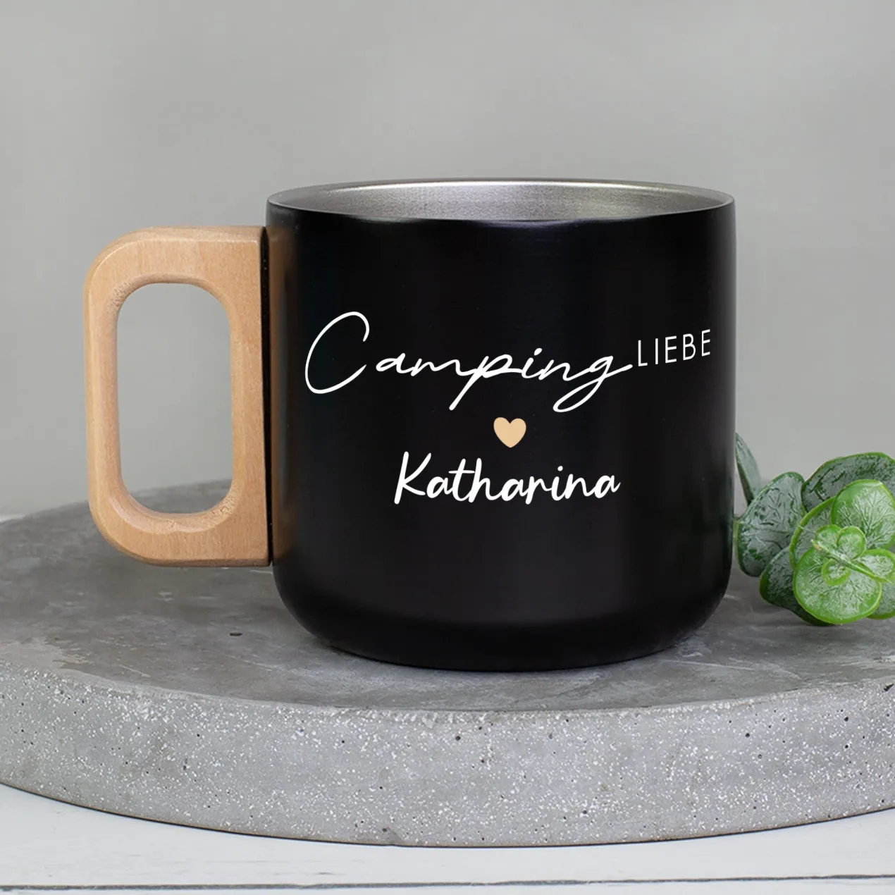 Edelstahl Becher mit Holzgriff für Camping & Outdoor personalisiert mit Name und Spruch | 400 ml Tasse