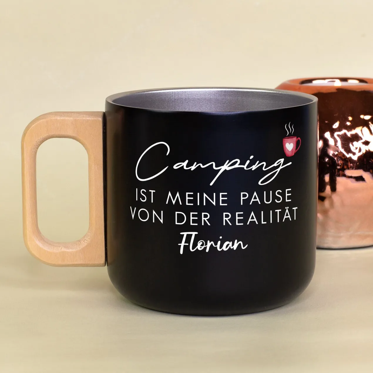 Edelstahl Becher mit Holzgriff für Camping & Outdoor personalisiert mit Name und Spruch | 400 ml Tasse