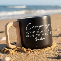 Edelstahl Becher mit Holzgriff für Camping & Outdoor personalisiert mit Name und Spruch | 400 ml Tasse