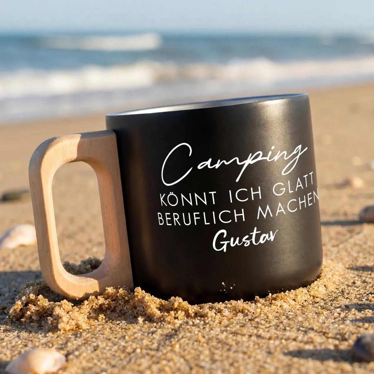 Edelstahl Becher mit Holzgriff für Camping & Outdoor personalisiert mit Name und Spruch | 400 ml Tasse