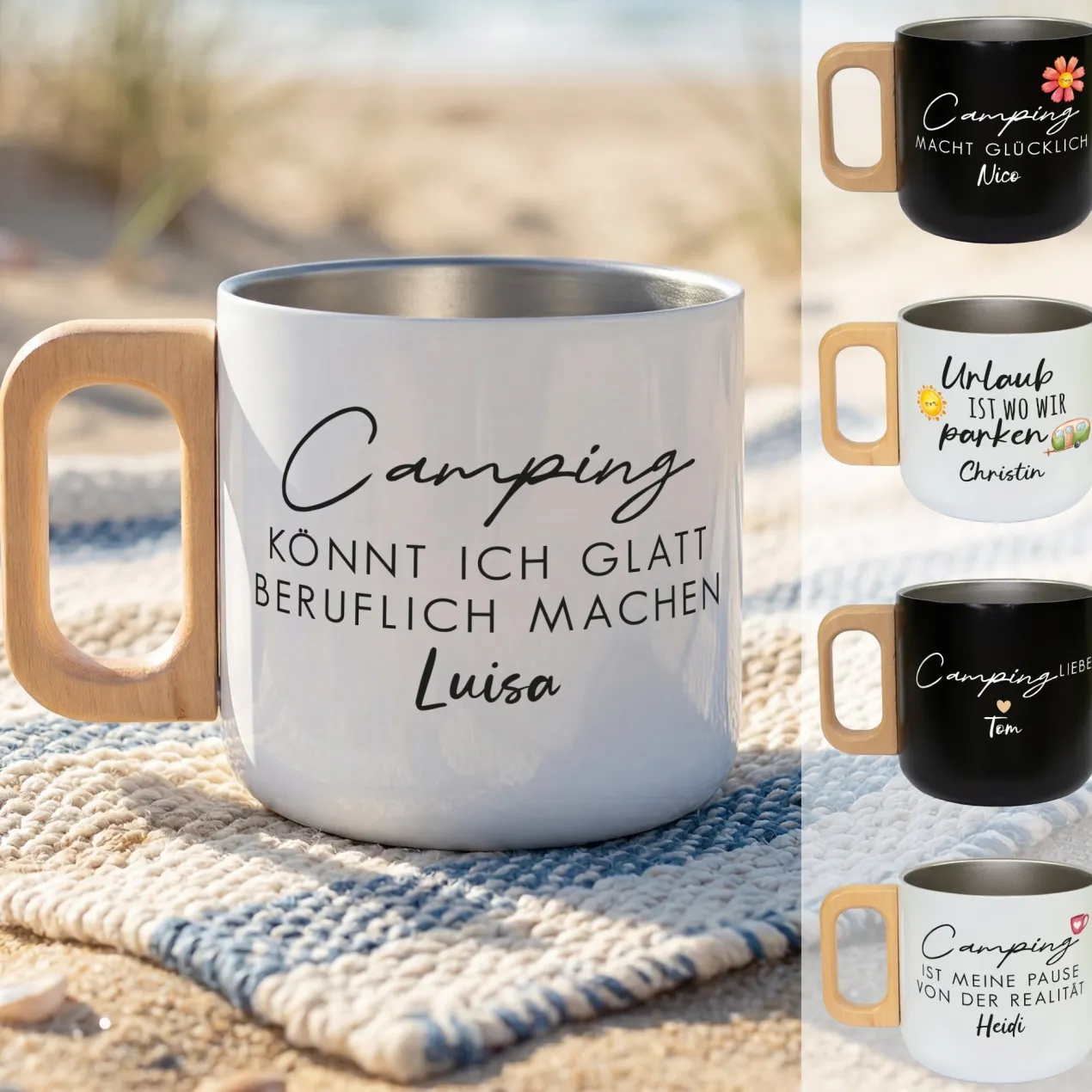 Edelstahl Becher mit Holzgriff für Camping & Outdoor personalisiert mit Name und Spruch | 400 ml Tasse