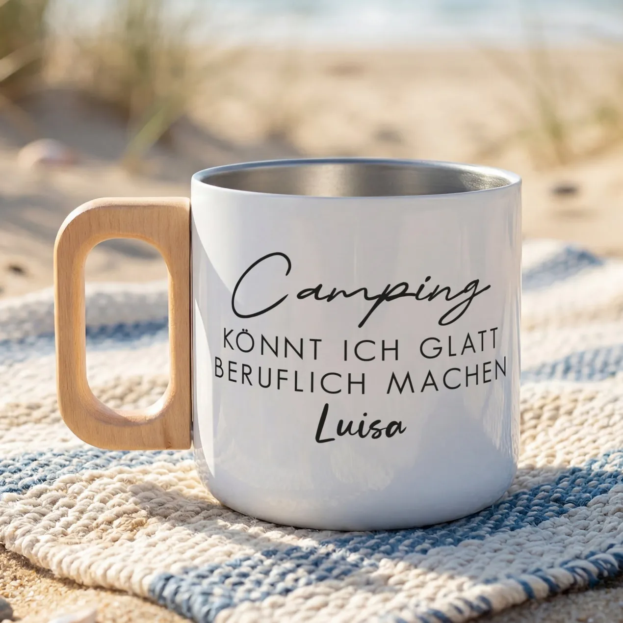 Edelstahl Becher mit Holzgriff für Camping & Outdoor personalisiert mit Name und Spruch | 400 ml Tasse