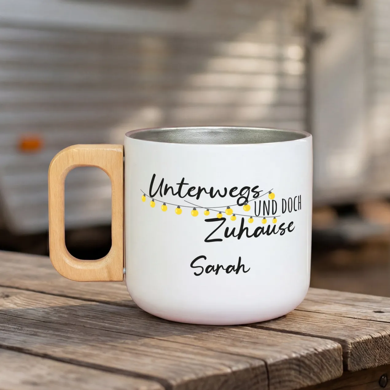 Edelstahl Becher mit Holzgriff für Camping & Outdoor personalisiert mit Name und Spruch | 400 ml Tasse