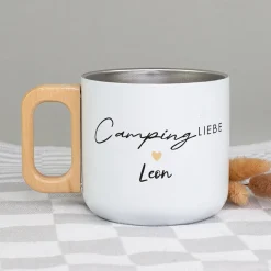 Edelstahl Becher mit Holzgriff für Camping & Outdoor personalisiert mit Name und Spruch | 400 ml Tasse
