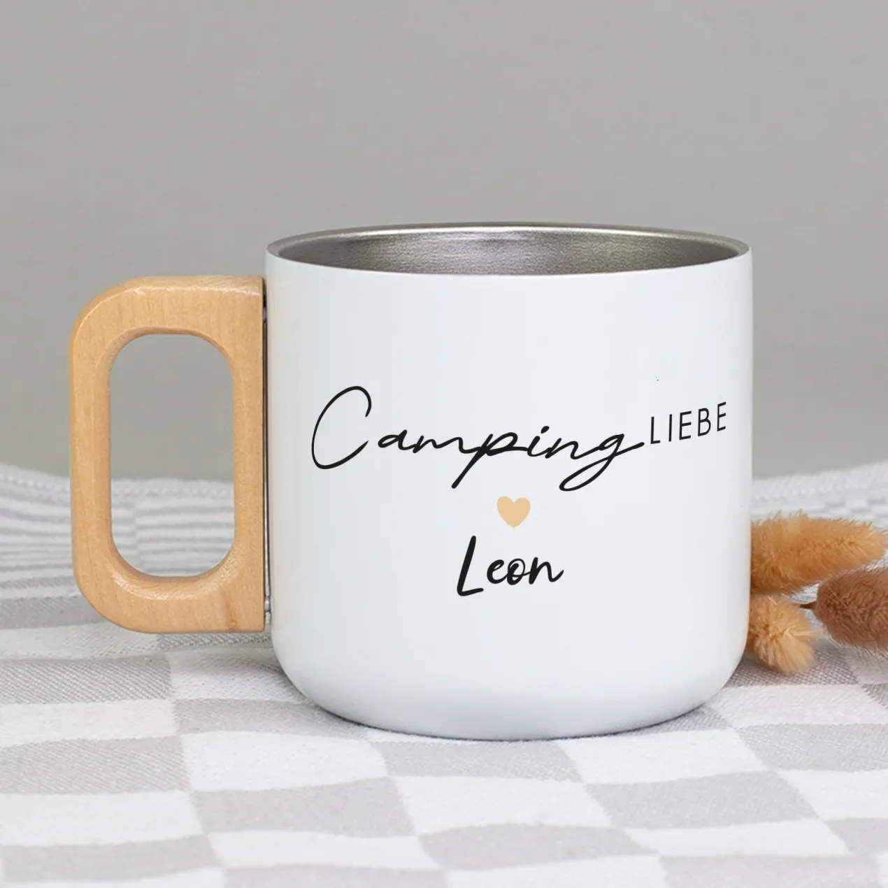 Edelstahl Becher mit Holzgriff für Camping & Outdoor personalisiert mit Name und Spruch | 400 ml Tasse