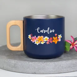 Edelstahl Tasse mit Holzgriff, Blumen Motiv & Name personalisiert | Nachhaltiges Geschenk für Frauen