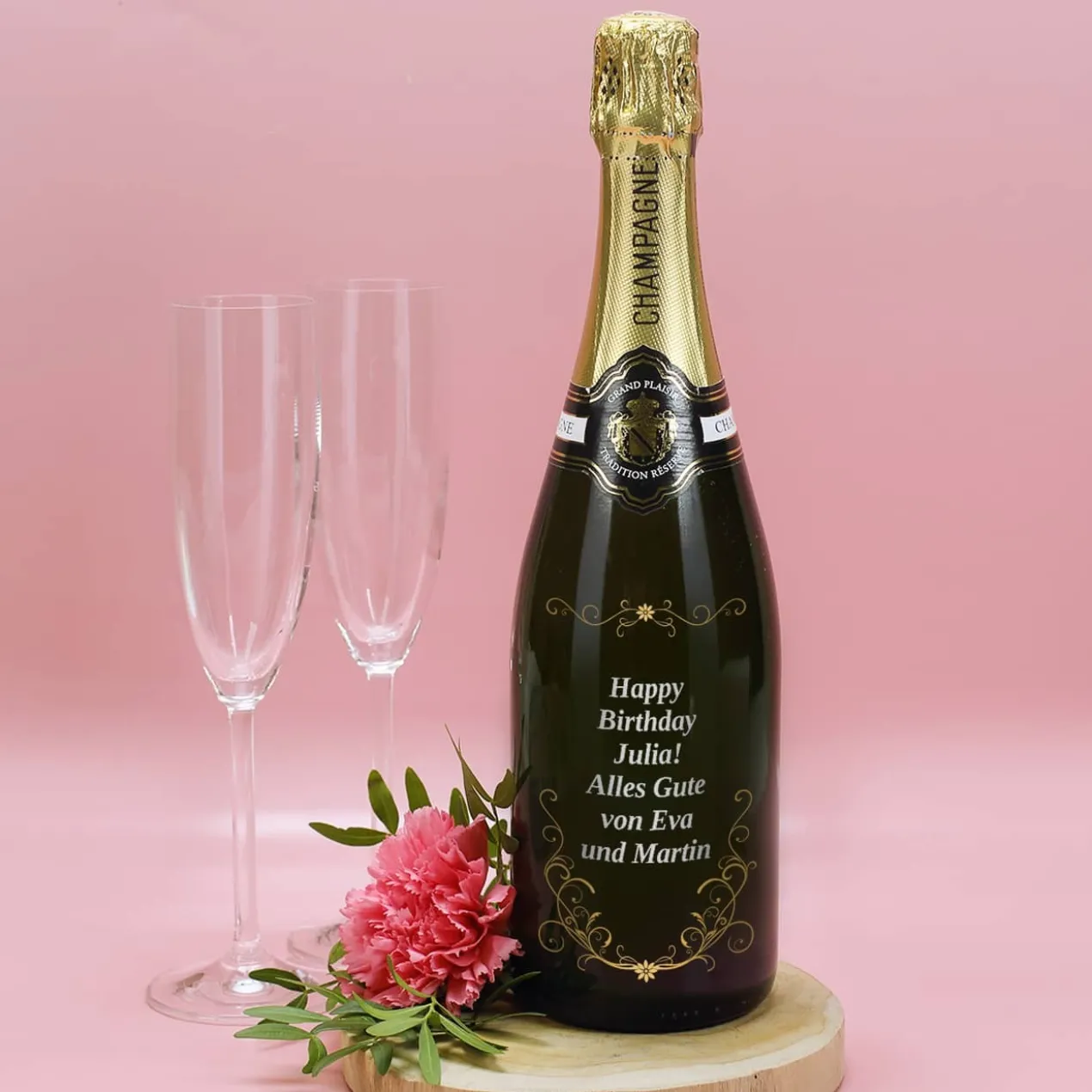 Edler Champagner mit frei wählbarem Wunschtext