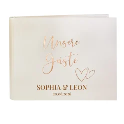 Edles Gästebuch zur Hochzeit mit glänzender Prägung personalisiert mit Namen und Datum in Cremeweiß