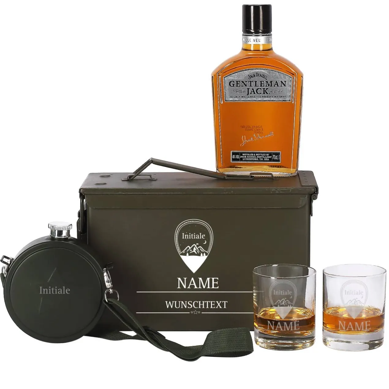Edles Whisky-Geschenkset in original Munitionsbox mit gravierten Whiskygläsern und Feldflasche