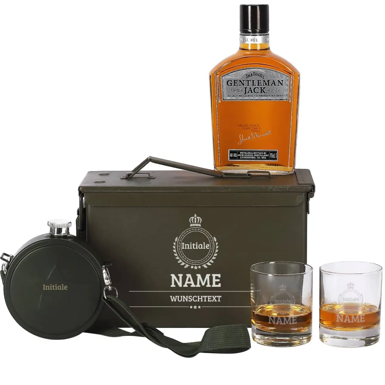 Edles Whisky-Geschenkset in original Munitionsbox mit Monogramm, Name und Wunschtext
