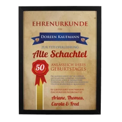 Ehrenurkunde Alte Schachtel im Bilderrahmen