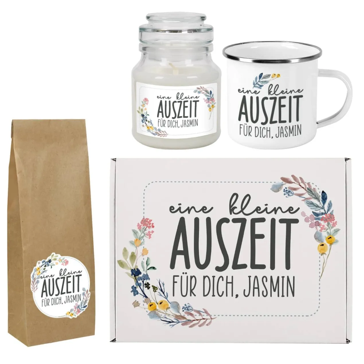 Eine kleine Auszeit - Geschenkset mit Tasse, Tee und Duftkerze