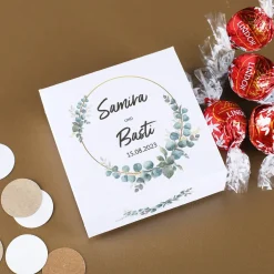 Eine Kleinigkeit zur Hochzeit mit Eukalyptusmotiv- mit 4 Lindorkugeln in Verpackung