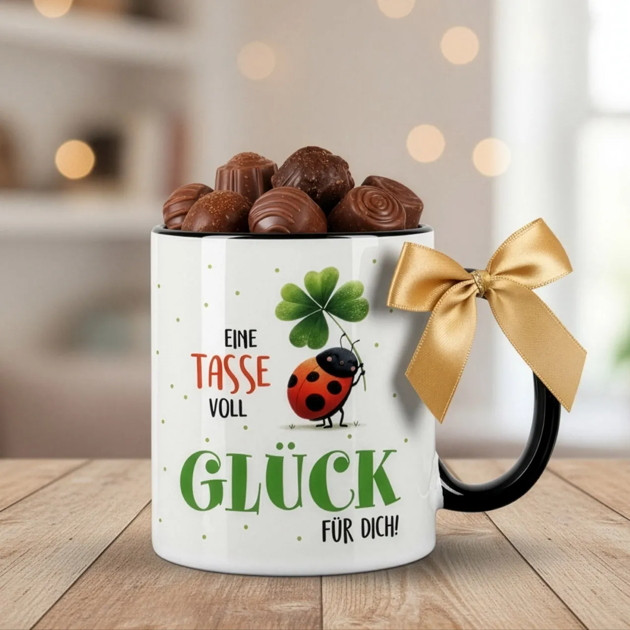 Eine Tasse voll Glück | Glückstasse aus Keramik mit schwarzem Rand & Henkel