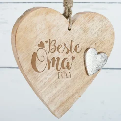 Ein Herz für die Beste Oma mit Wunschtext graviert | Personalisiertes Geschenk aus Holz und Metall