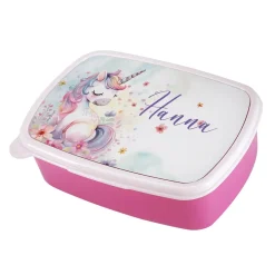 Einhorn Brotdose in pink mit Ihrem Wunschnamen bedruckt