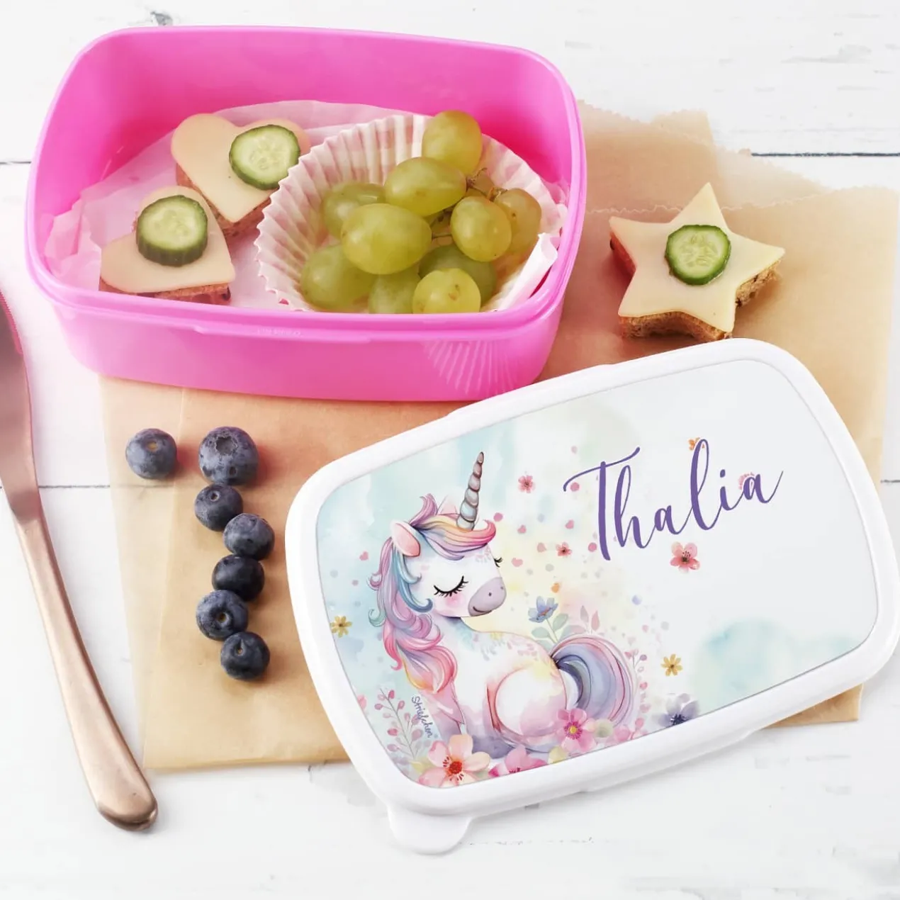 Einhorn Brotdose in pink mit Ihrem Wunschnamen bedruckt
