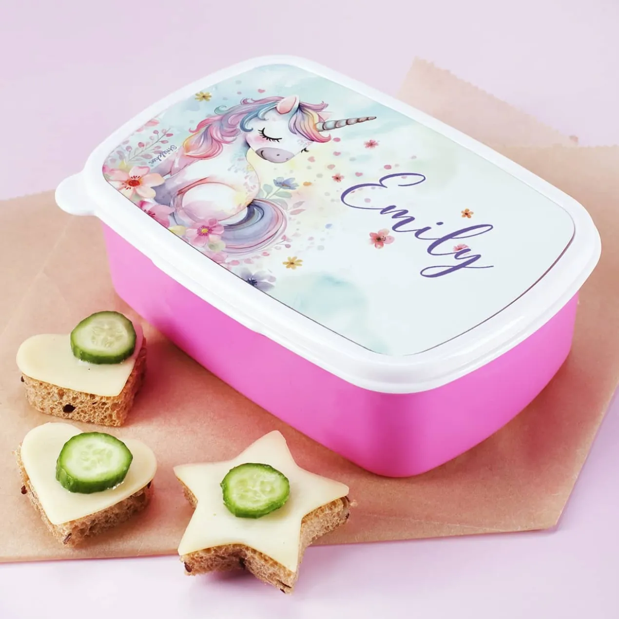 Einhorn Brotdose in pink mit Ihrem Wunschnamen bedruckt