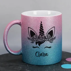 Einhorn - Glitzertasse mit Name - 3 Farben zur Auswahl