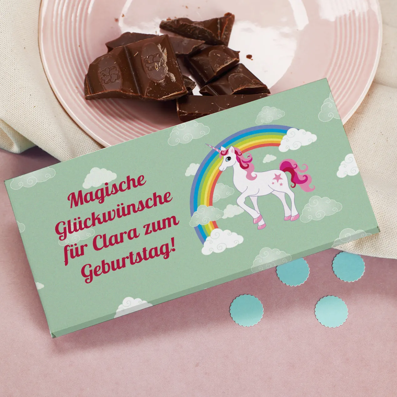 Einhorn Schokolade mit Ihrem Wunschtext