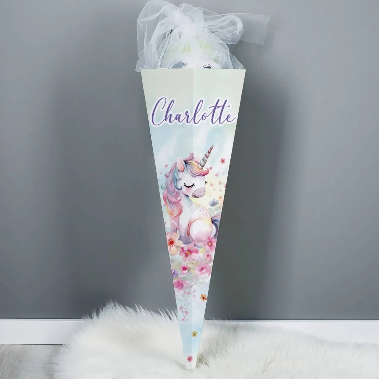 Einhorn - Schultüte mit Name und Blumen bedruckt