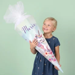Einhorn - Schultüte mit Name und Blumen bedruckt