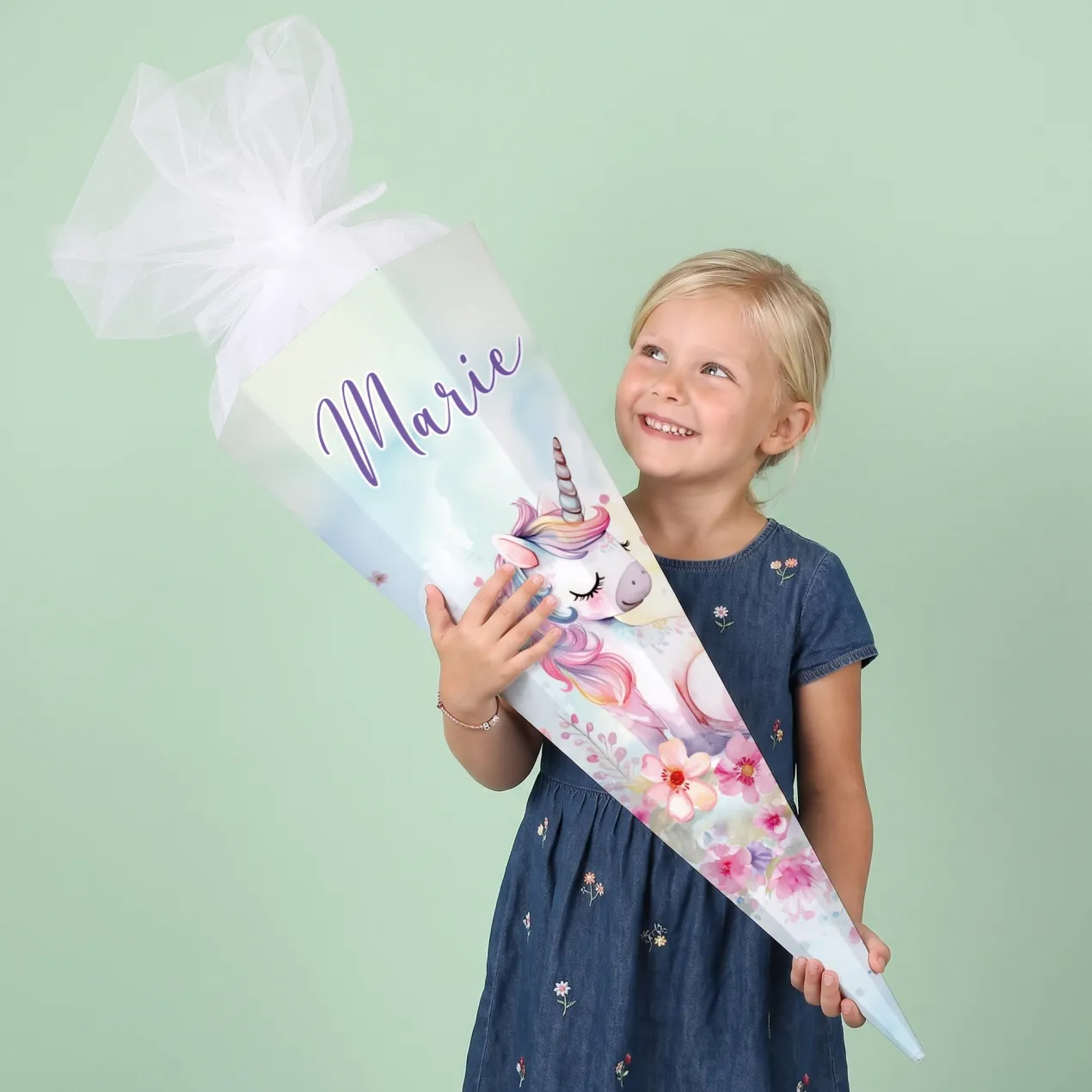 Einhorn - Schultüte mit Name und Blumen bedruckt