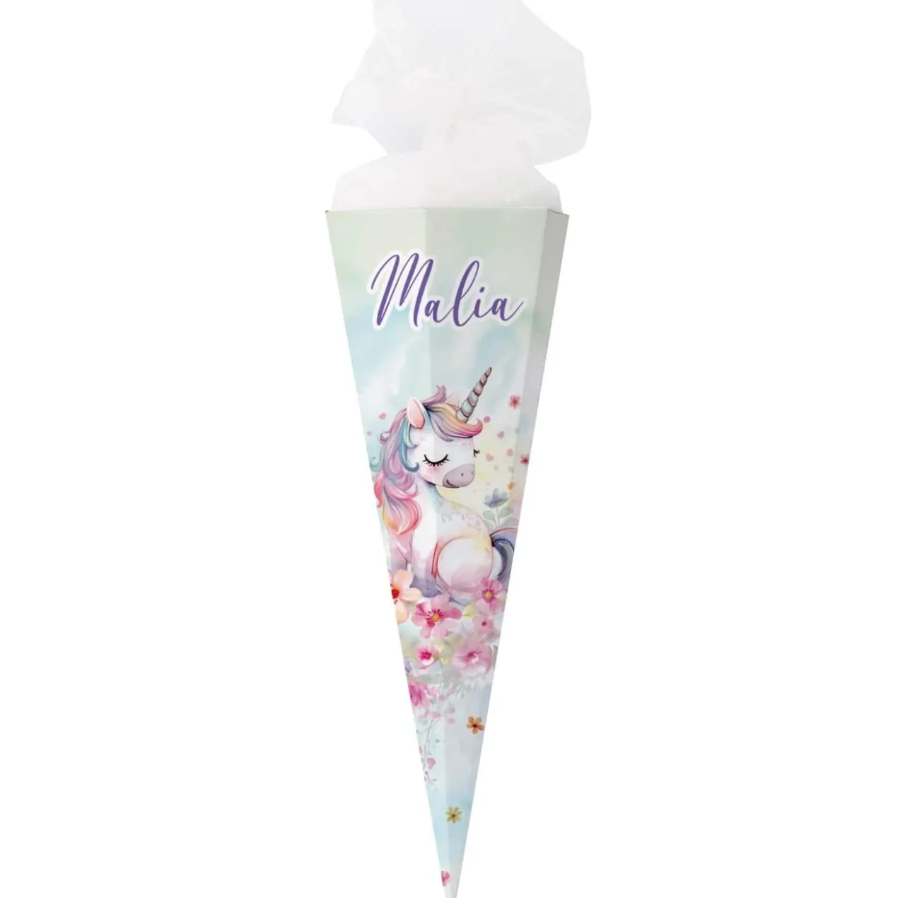 Einhorn - Schultüte mit Name und Blumen bedruckt