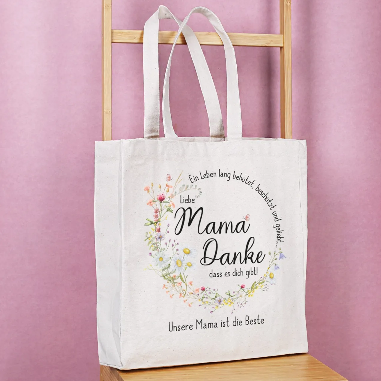 Einkaufstasche für Mama zum Muttertag & Geburtstag mit Wunschtext | Wiesenblumen