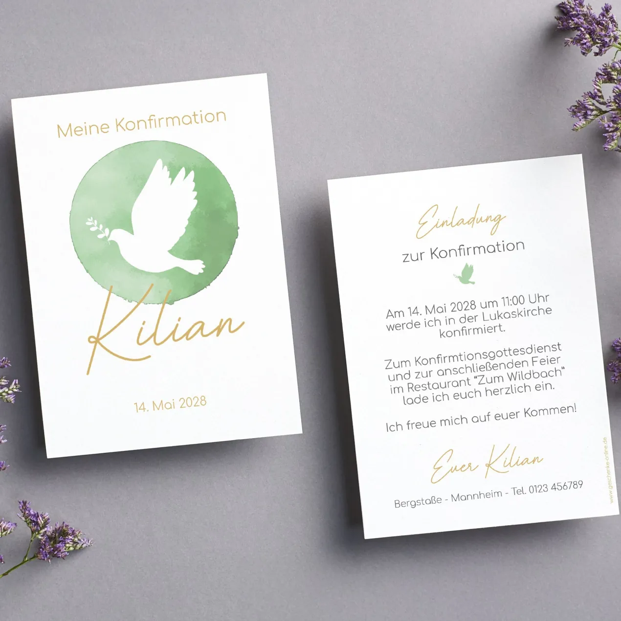 Einladung o. Danksagung zur Konfirmation, Kommunion, Taufe | Personalisiert | Taube