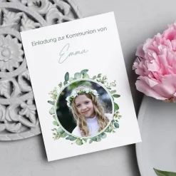 Einladungskarte Eukalyptus mit Foto - zur Taufe, Kommunion oder Konfirmation