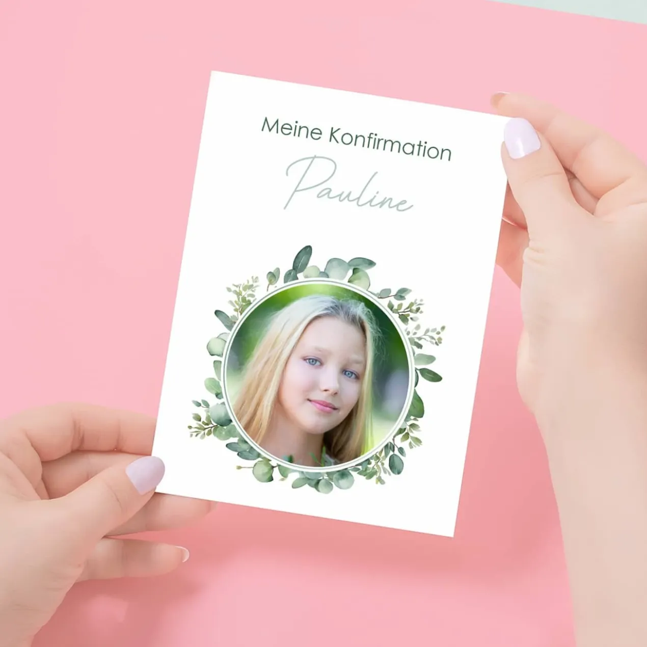 Einladungskarte Eukalyptus mit Foto - zur Taufe, Kommunion oder Konfirmation