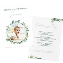 Einladungskarte Eukalyptus mit Foto - zur Taufe, Kommunion oder Konfirmation