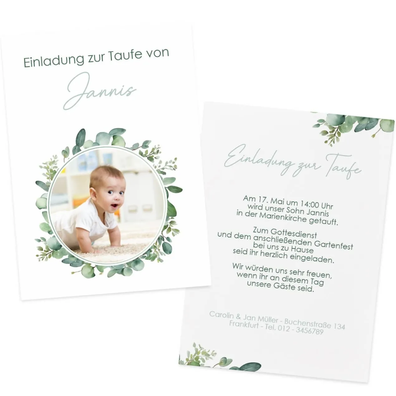 Einladungskarte Eukalyptus mit Foto - zur Taufe, Kommunion oder Konfirmation