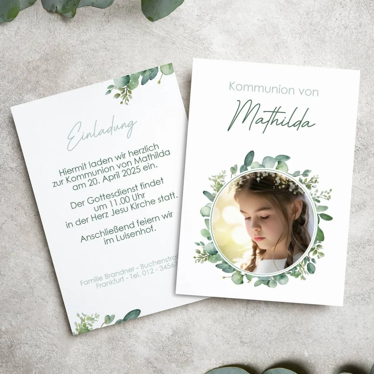 Einladungskarte Eukalyptus mit Foto - zur Taufe, Kommunion oder Konfirmation