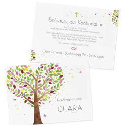 Einladungskarte - Lebensbaum rosa-violett - zur Taufe, Kommunion oder Konfirmation