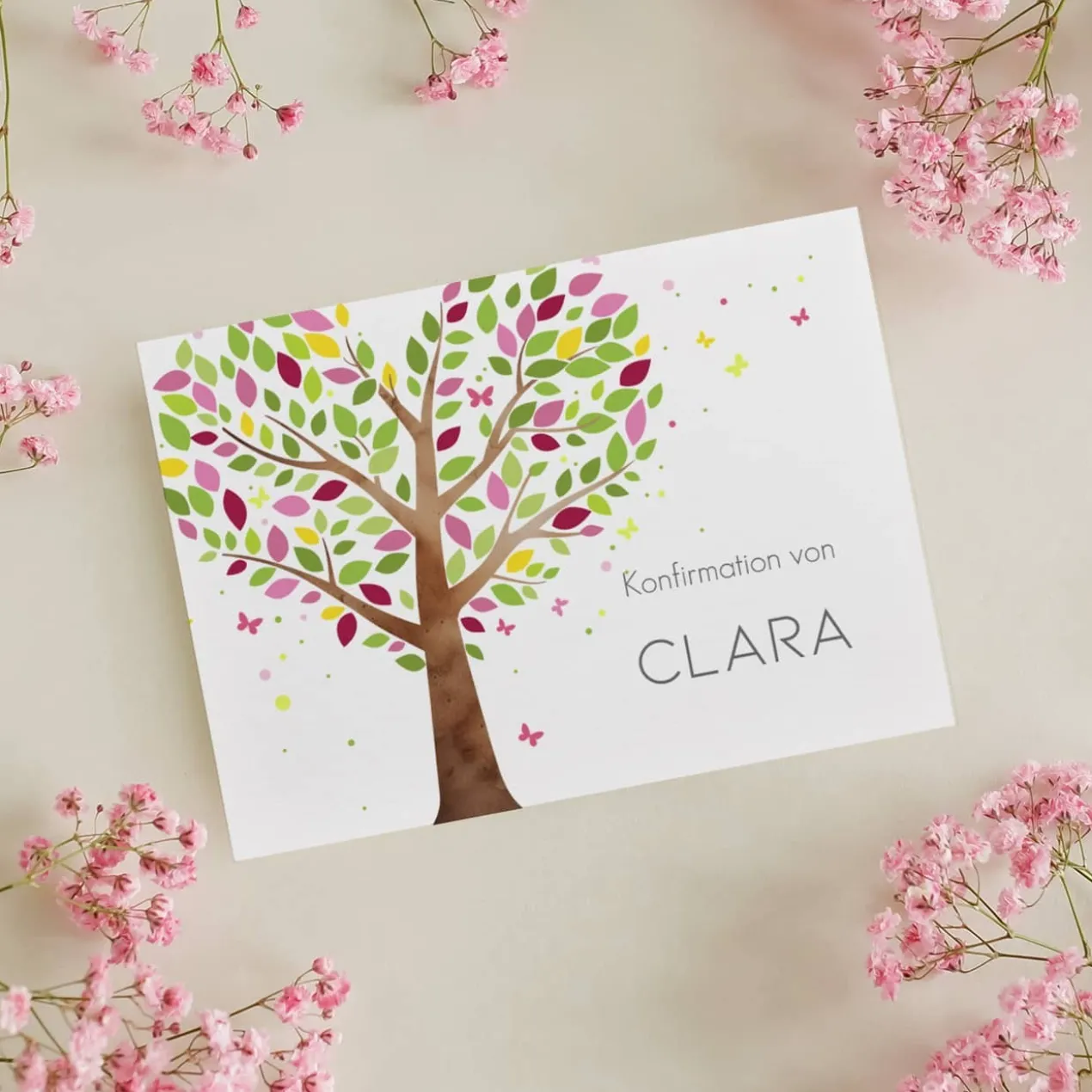 Einladungskarte - Lebensbaum rosa-violett - zur Taufe, Kommunion oder Konfirmation