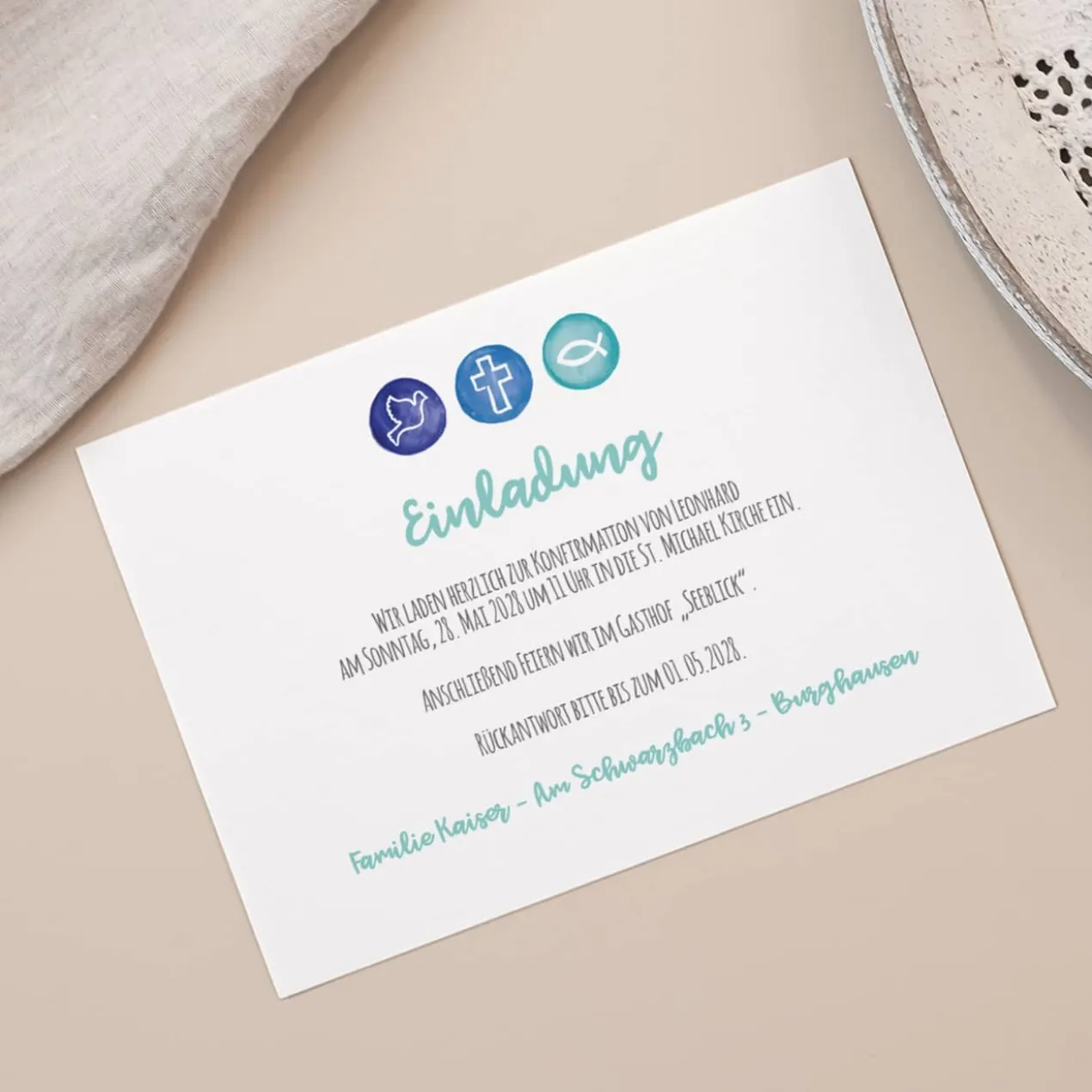 Einladungskarte - Liebe, Hoffnung, Glaube - zur Taufe, Kommunion oder Konfirmation