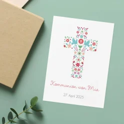 Einladungskarte mit Kreuz aus Blüten - zur Taufe, Kommunion oder Konfirmation