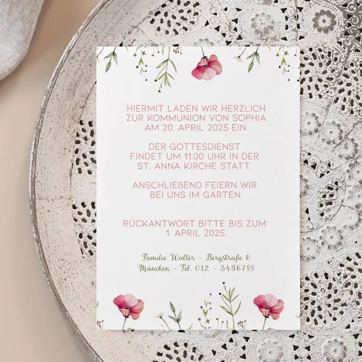 Einladungskarte - Wildblumen - zur Taufe, Kommunion oder Konfirmation