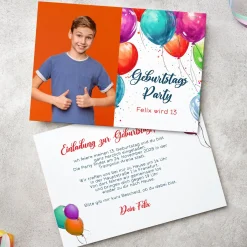 Einladungskarte zum Geburtstag mit Wunschdaten und bunten Luftballons
