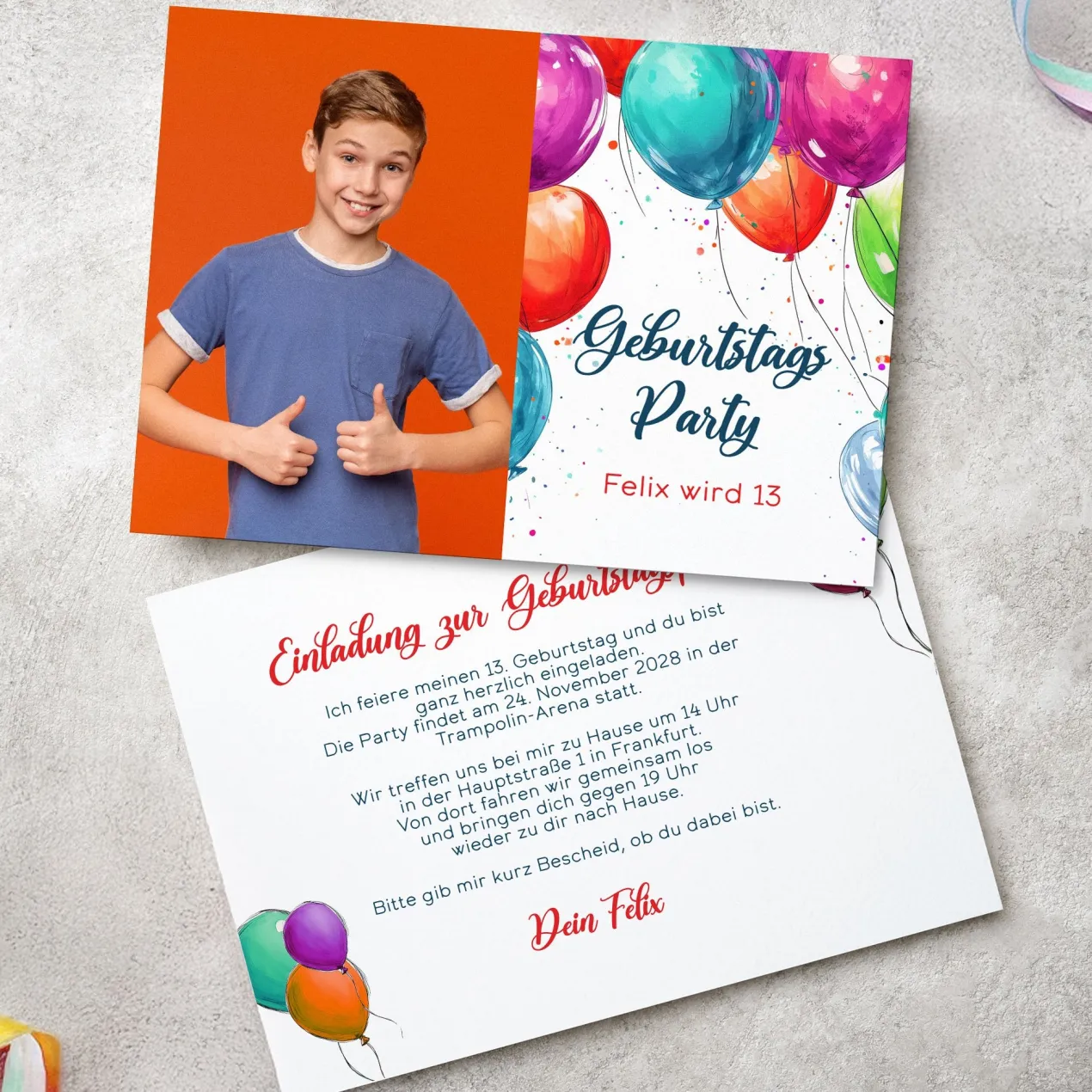 Einladungskarte zum Geburtstag mit Wunschdaten und bunten Luftballons