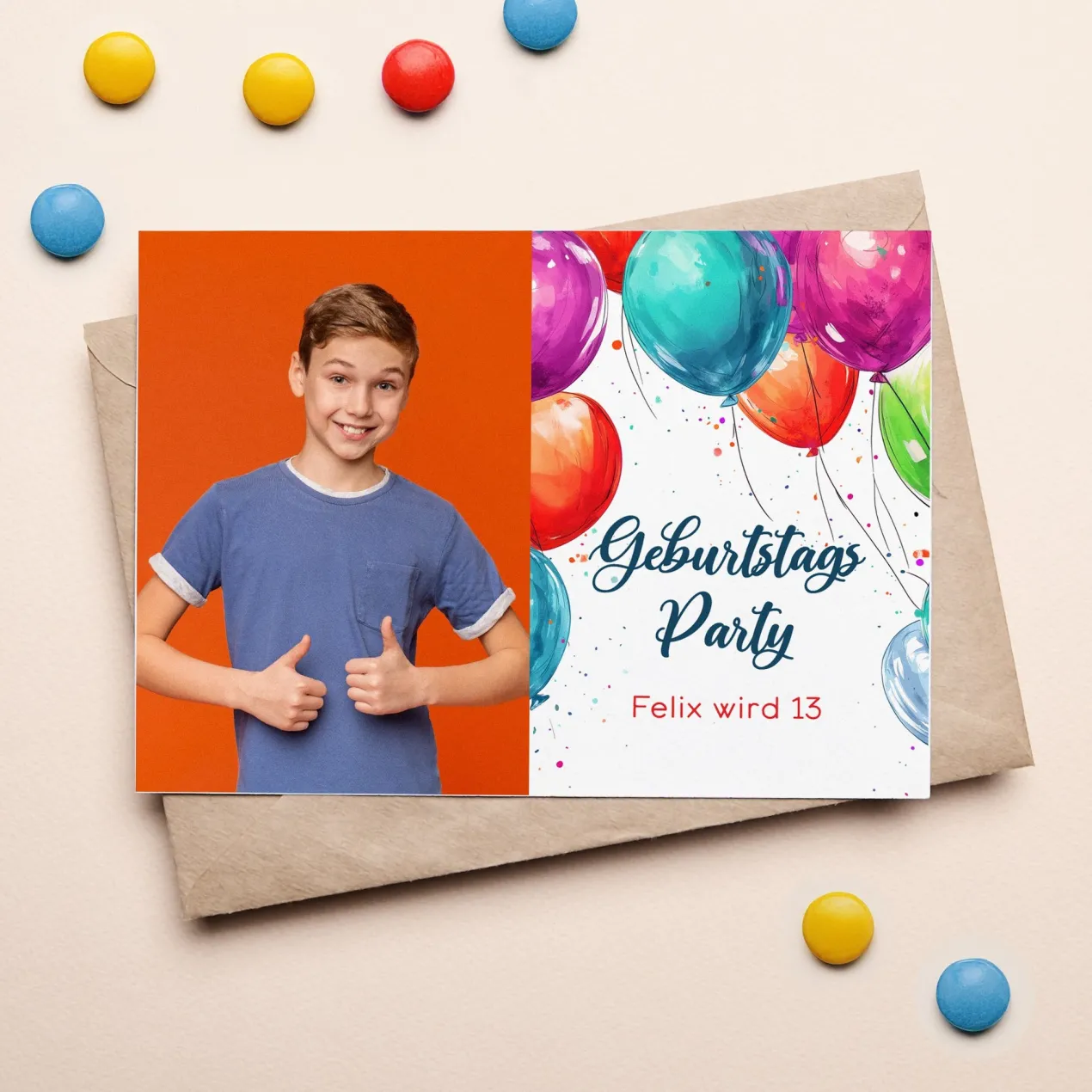 Einladungskarte zum Geburtstag mit Wunschdaten und bunten Luftballons