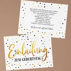 Einladungskarte zum Geburtstag mit goldfarbenem Konfettimotiv