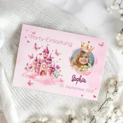 Einladungskarte zum Kindergeburtstag mit Wunschdaten, Prinzessinnen-Motiv und Schloss